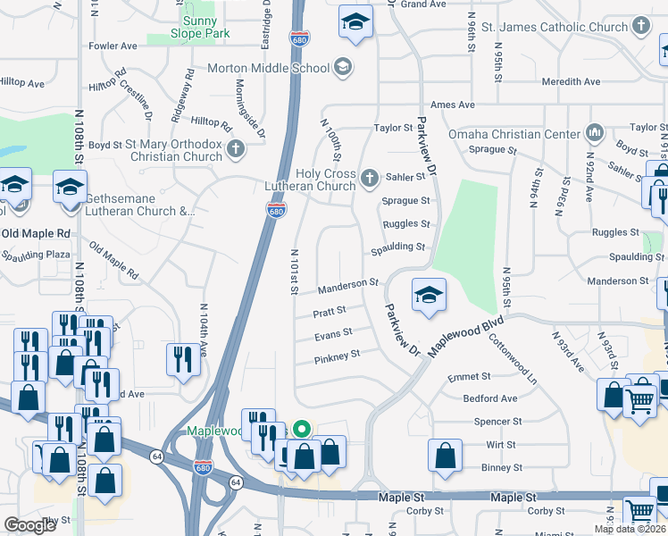map of restaurants, bars, coffee shops, grocery stores, and more near 3818 North 99th Circle in Omaha