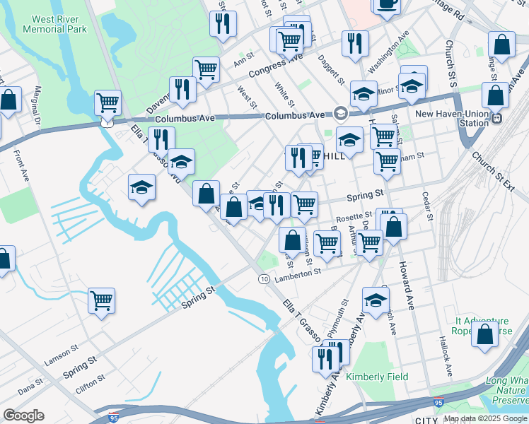 map of restaurants, bars, coffee shops, grocery stores, and more near 92 Truman Street in New Haven