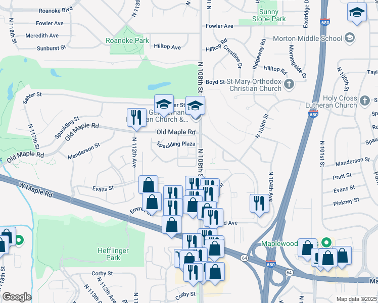 map of restaurants, bars, coffee shops, grocery stores, and more near 3810 North 108th Street in Omaha
