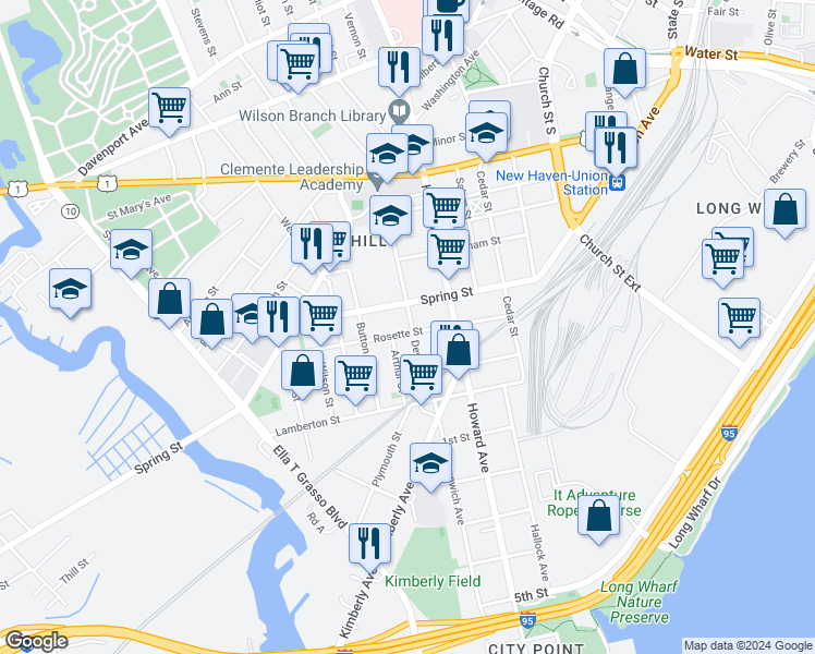 map of restaurants, bars, coffee shops, grocery stores, and more near 91 Rosette Street in New Haven