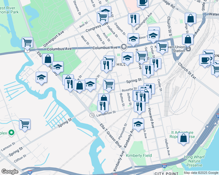 map of restaurants, bars, coffee shops, grocery stores, and more near 200 Spring Street in New Haven
