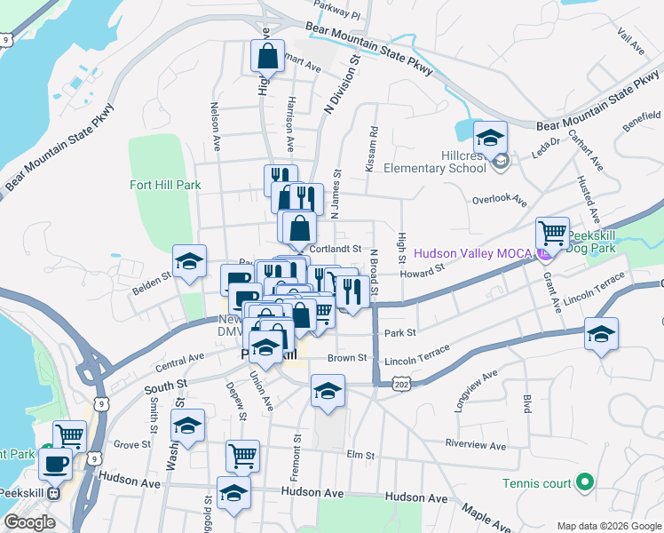 map of restaurants, bars, coffee shops, grocery stores, and more near 219 North James Street in Peekskill