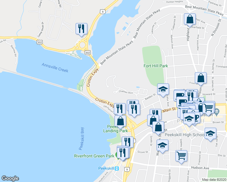 map of restaurants, bars, coffee shops, grocery stores, and more near 206 Chateau Rive in Peekskill