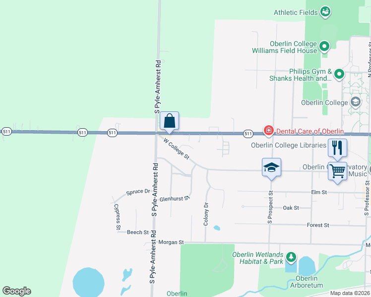 map of restaurants, bars, coffee shops, grocery stores, and more near 540 West College Street in Oberlin