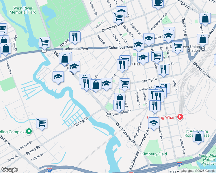 map of restaurants, bars, coffee shops, grocery stores, and more near 92 Truman Street in New Haven