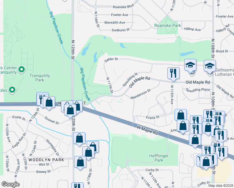 map of restaurants, bars, coffee shops, grocery stores, and more near 11629 Spaulding Street in Omaha