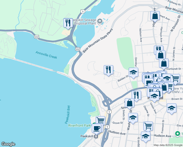 map of restaurants, bars, coffee shops, grocery stores, and more near 206 Chateau Rive in Peekskill
