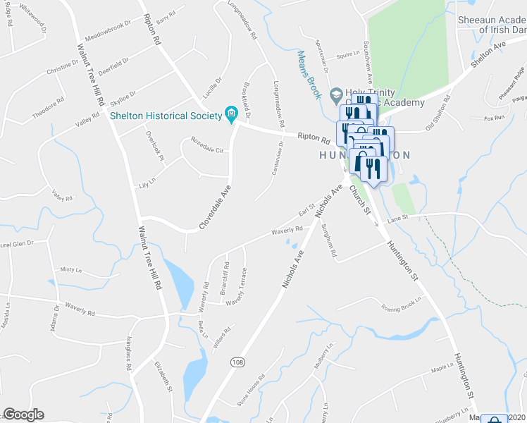 map of restaurants, bars, coffee shops, grocery stores, and more near 28 Centerview Drive in Shelton