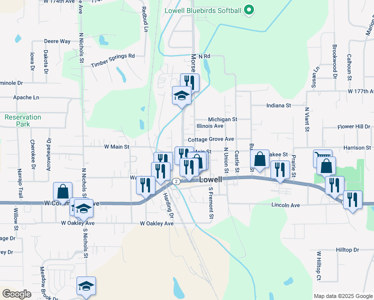 map of restaurants, bars, coffee shops, grocery stores, and more near 307 East Main Street in Lowell