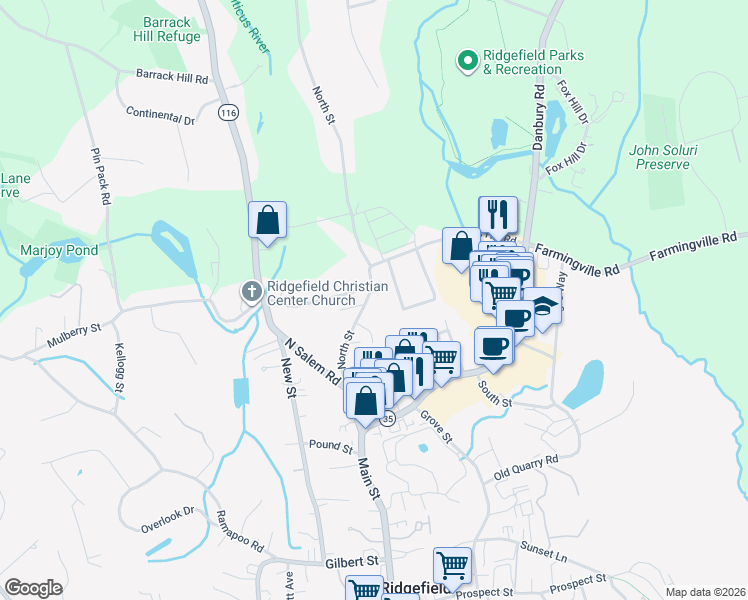 map of restaurants, bars, coffee shops, grocery stores, and more near 48 North Street in Ridgefield