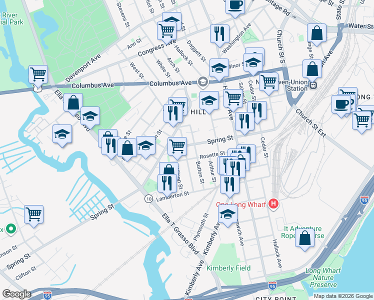 map of restaurants, bars, coffee shops, grocery stores, and more near 89 Hurlburt Street in New Haven