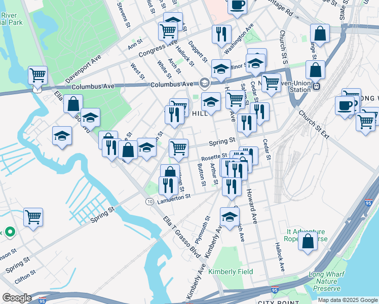 map of restaurants, bars, coffee shops, grocery stores, and more near 200 Spring Street in New Haven