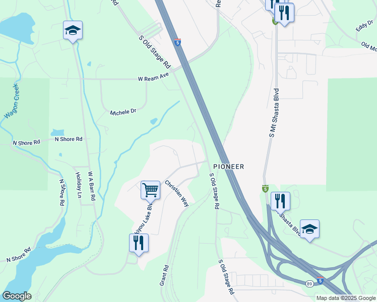 map of restaurants, bars, coffee shops, grocery stores, and more near 514 Clea Lane in Mount Shasta