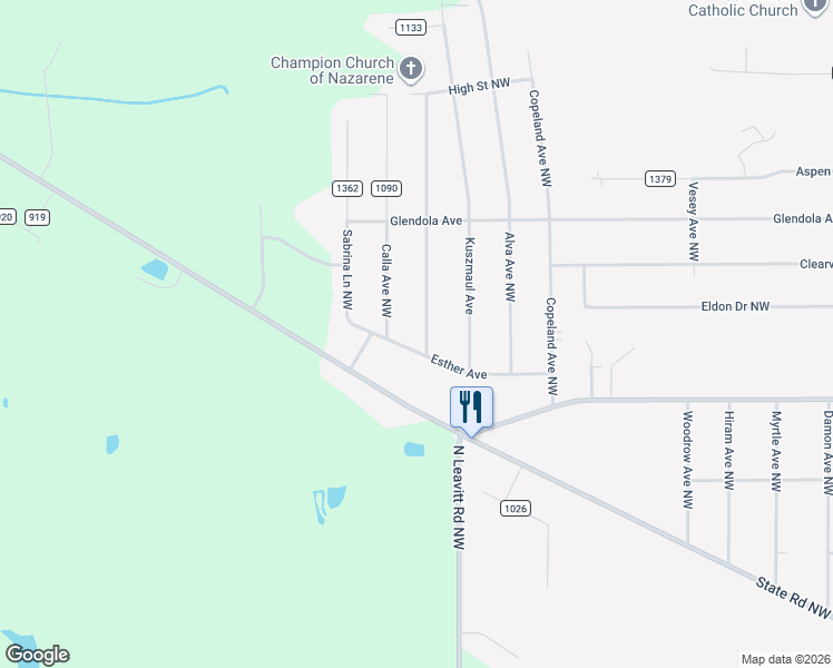 map of restaurants, bars, coffee shops, grocery stores, and more near 5065 Craig Avenue Northwest in Warren