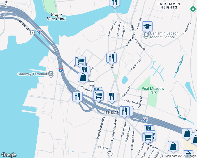 map of restaurants, bars, coffee shops, grocery stores, and more near 29 Chamberlain Street in New Haven
