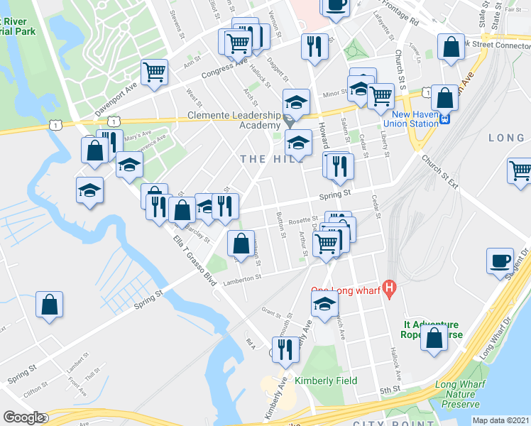 map of restaurants, bars, coffee shops, grocery stores, and more near 91 Hurlburt Street in New Haven