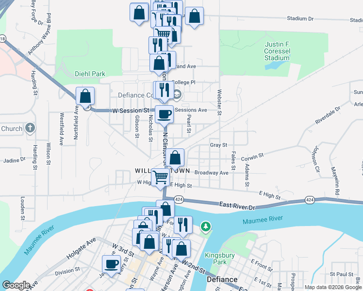 map of restaurants, bars, coffee shops, grocery stores, and more near 128 Wabash Avenue in Defiance