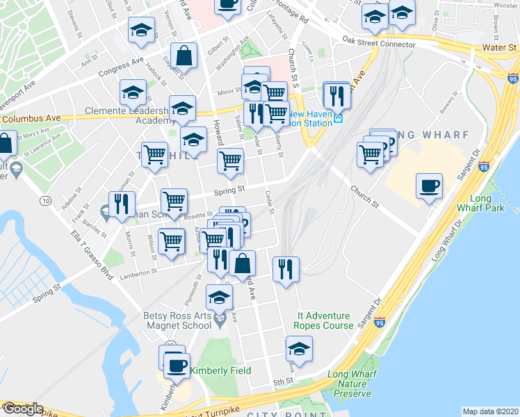 map of restaurants, bars, coffee shops, grocery stores, and more near 16 Rosette Street in New Haven