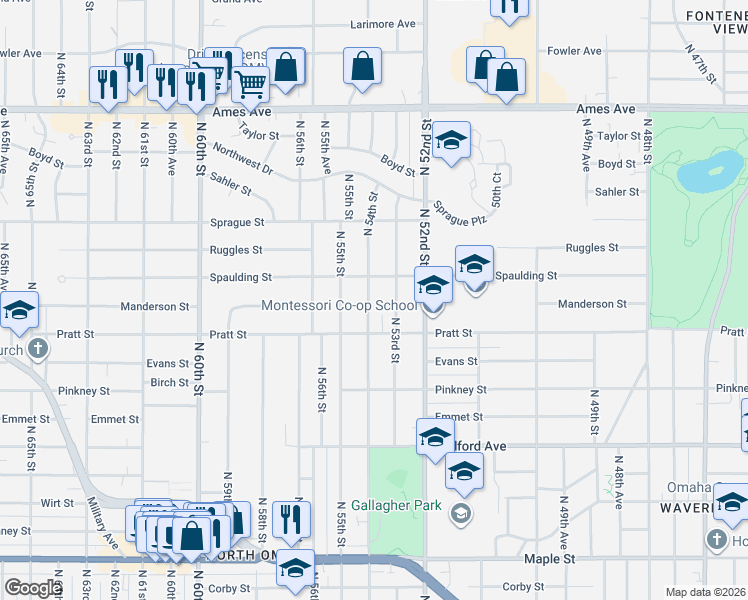 map of restaurants, bars, coffee shops, grocery stores, and more near 3739 North 54th Street in Omaha