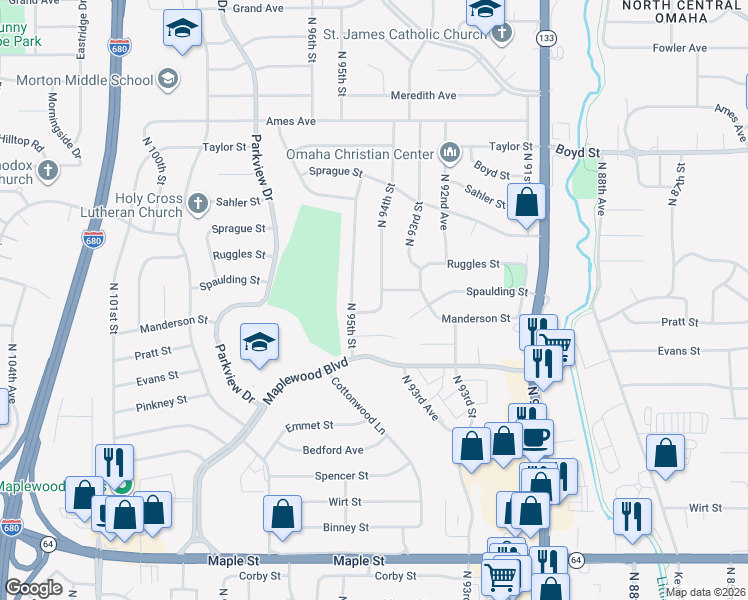 map of restaurants, bars, coffee shops, grocery stores, and more near 3812 North 94th Street in Omaha
