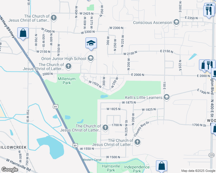 map of restaurants, bars, coffee shops, grocery stores, and more near 1922 North 225 West in Ogden
