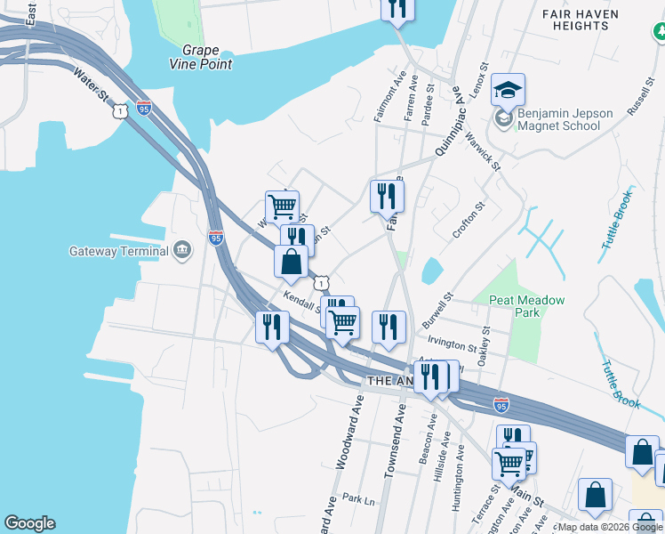 map of restaurants, bars, coffee shops, grocery stores, and more near 29 Chamberlain Street in New Haven