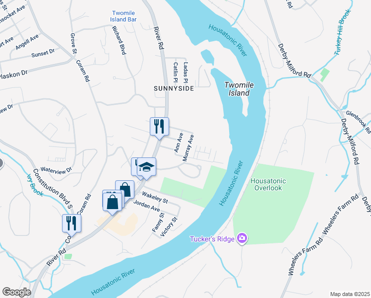 map of restaurants, bars, coffee shops, grocery stores, and more near 20 Murray Avenue in Shelton