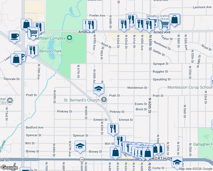 map of restaurants, bars, coffee shops, grocery stores, and more near 3818 North 65th Street in Omaha