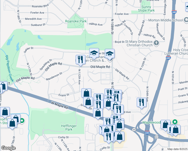map of restaurants, bars, coffee shops, grocery stores, and more near 10917 Spaulding Plaza in Omaha