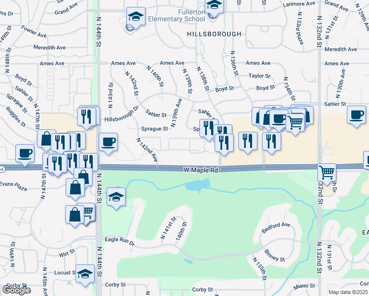 map of restaurants, bars, coffee shops, grocery stores, and more near 14010 Manderson Plaza in Omaha