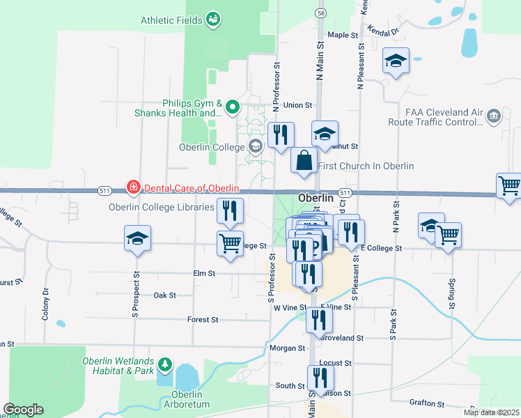map of restaurants, bars, coffee shops, grocery stores, and more near 70 North Professor Street in Oberlin