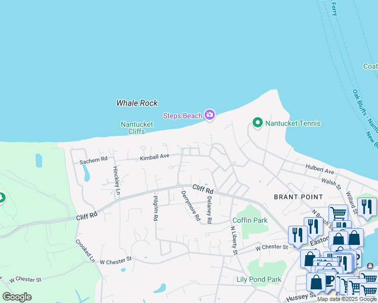 map of restaurants, bars, coffee shops, grocery stores, and more near 7 Sherburne Turnpike in Nantucket