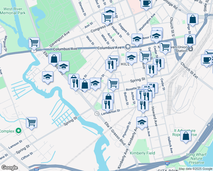 map of restaurants, bars, coffee shops, grocery stores, and more near 241 Spring Street in New Haven