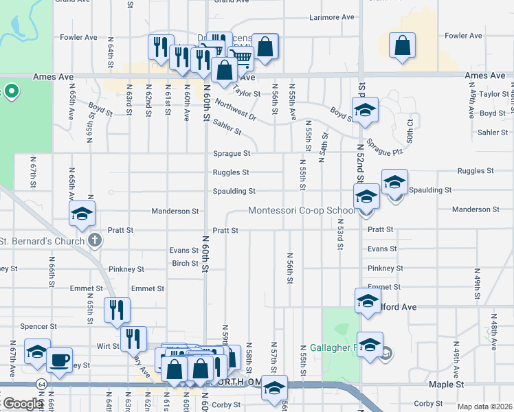 map of restaurants, bars, coffee shops, grocery stores, and more near 5722 Manderson Street in Omaha