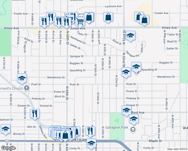 map of restaurants, bars, coffee shops, grocery stores, and more near 3802 North 56th Street in Omaha