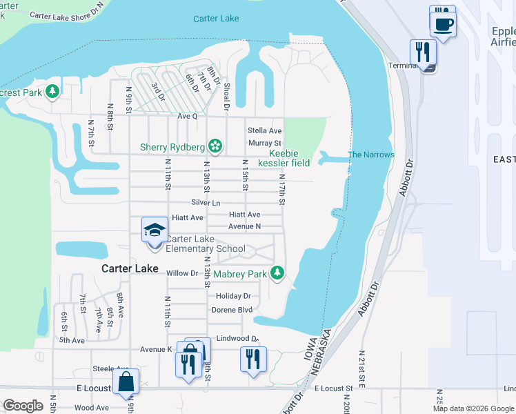 map of restaurants, bars, coffee shops, grocery stores, and more near 1509 Silver Lane in Carter Lake