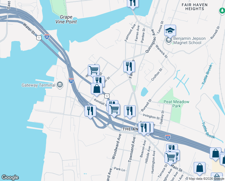 map of restaurants, bars, coffee shops, grocery stores, and more near 29 Chamberlain Street in New Haven