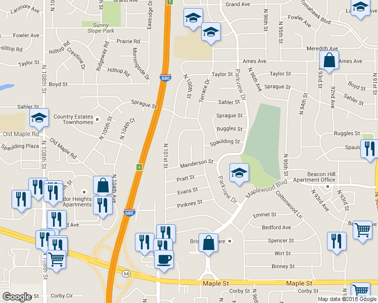 map of restaurants, bars, coffee shops, grocery stores, and more near 3818 North 99th Circle in Omaha
