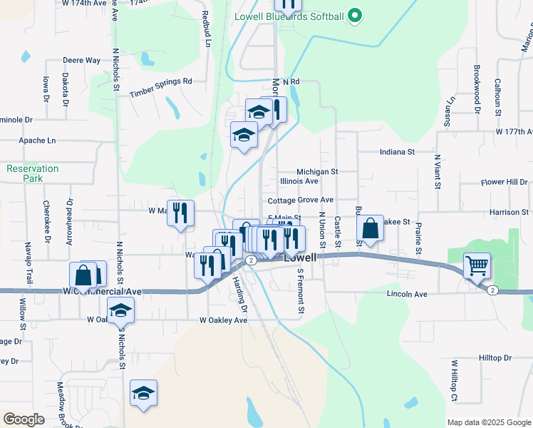map of restaurants, bars, coffee shops, grocery stores, and more near 13044 West 159th Avenue in Lowell