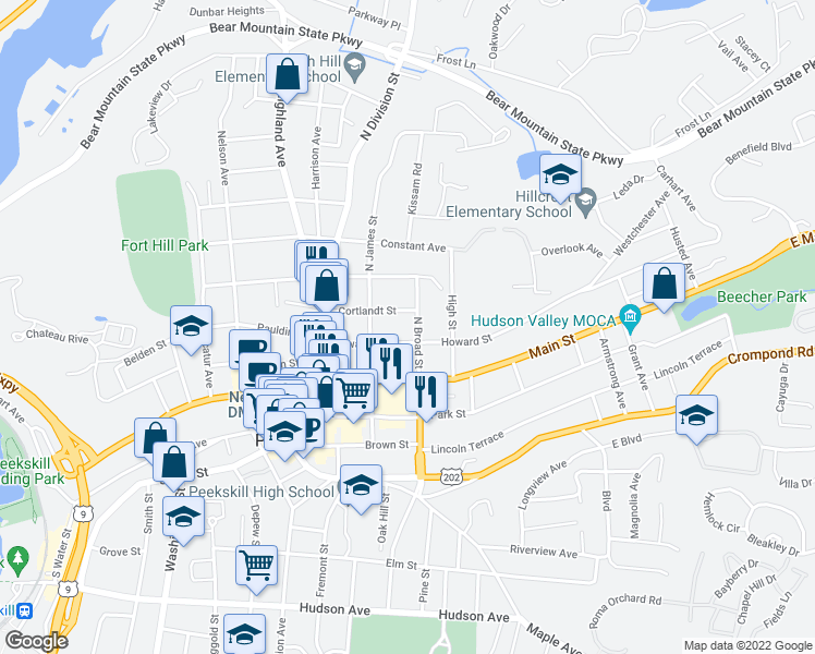 map of restaurants, bars, coffee shops, grocery stores, and more near 214 North Broad Street in Peekskill