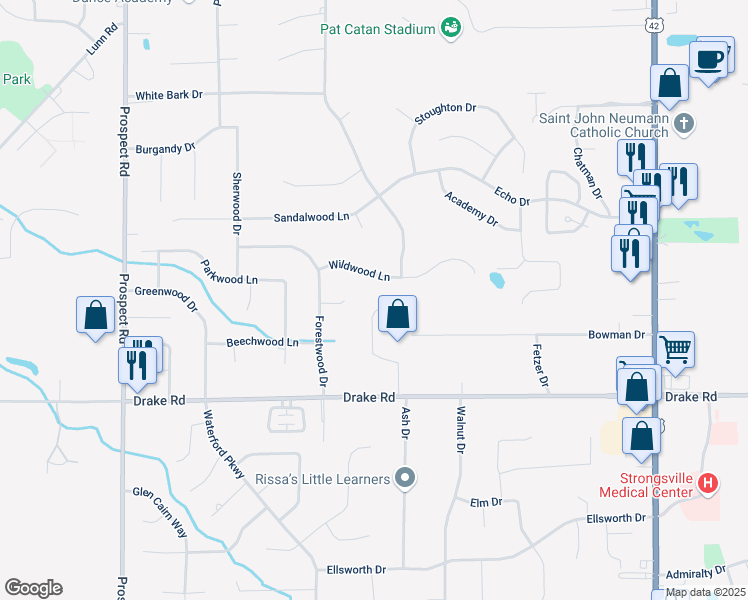 map of restaurants, bars, coffee shops, grocery stores, and more near 17228 Woodlawn Court in Strongsville