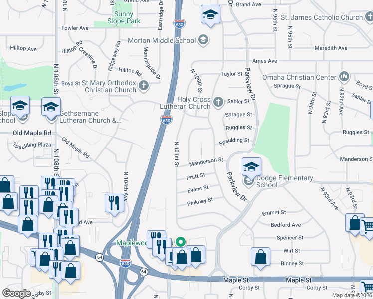 map of restaurants, bars, coffee shops, grocery stores, and more near 3824 North 100th Avenue in Omaha