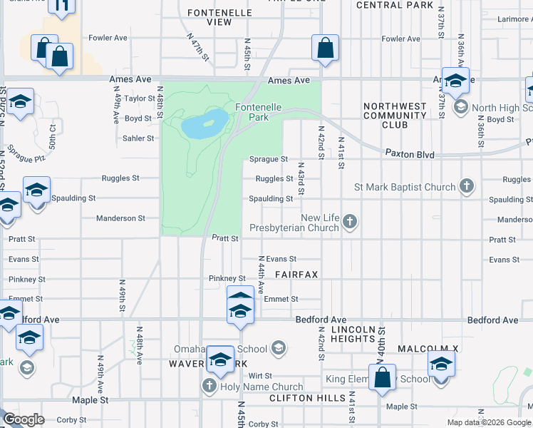 map of restaurants, bars, coffee shops, grocery stores, and more near 3739 North 44th Avenue in Omaha