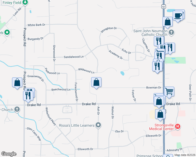 map of restaurants, bars, coffee shops, grocery stores, and more near 17118 Woodlawn Court in Strongsville