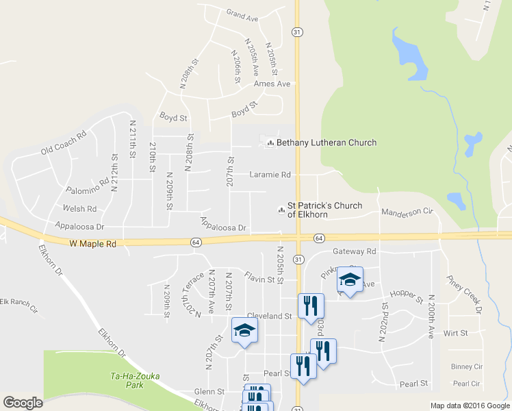 map of restaurants, bars, coffee shops, grocery stores, and more near 3821 North 206th Street in Omaha