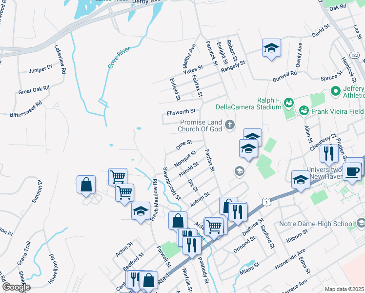 map of restaurants, bars, coffee shops, grocery stores, and more near 40 Orne Street in West Haven