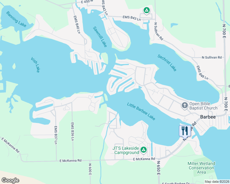map of restaurants, bars, coffee shops, grocery stores, and more near 111 Timberlane Road in Warsaw