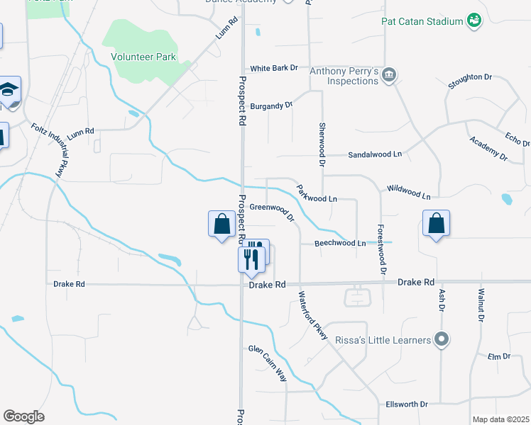 map of restaurants, bars, coffee shops, grocery stores, and more near 16998 Greenwood Dr in Strongsville
