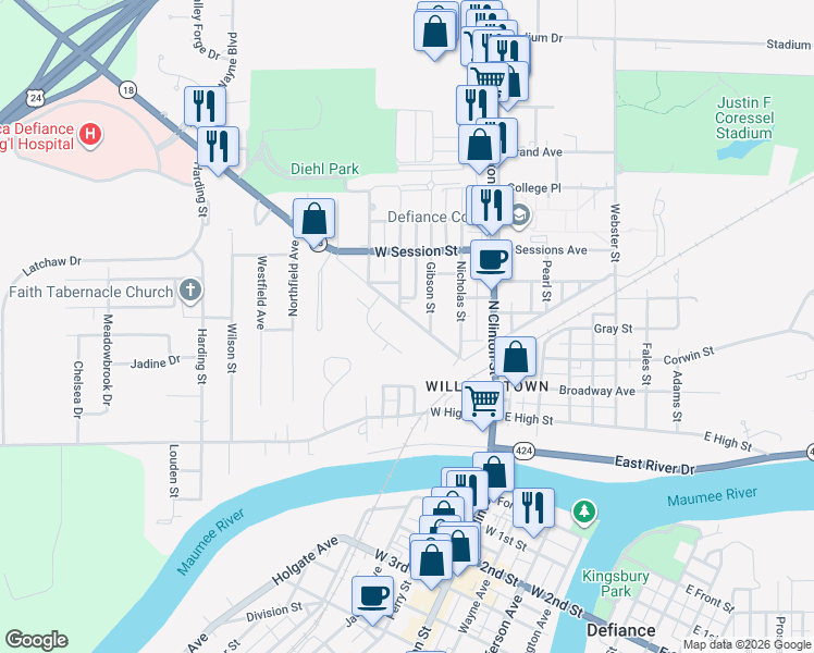 map of restaurants, bars, coffee shops, grocery stores, and more near 510 Ralston Avenue in Defiance