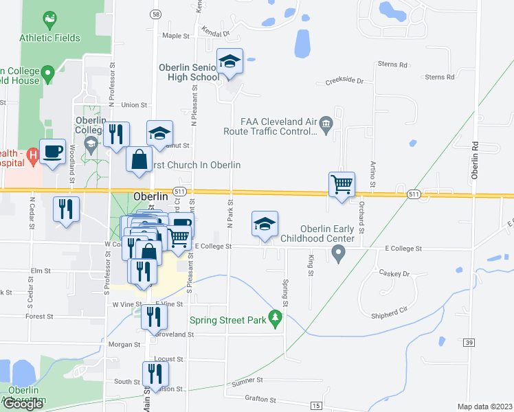 map of restaurants, bars, coffee shops, grocery stores, and more near 181 East Lorain Street in Oberlin